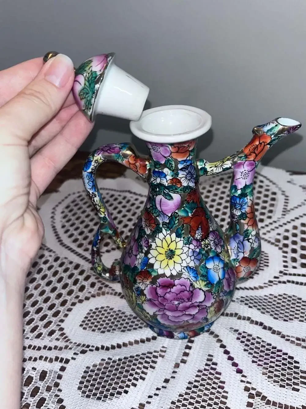 Vintage Chinese Famille Rose Mille Fleur Porcelain Ewer/Tea Pitcher